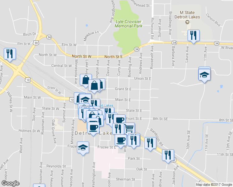 map of restaurants, bars, coffee shops, grocery stores, and more near 512 Curry Avenue in Detroit Lakes