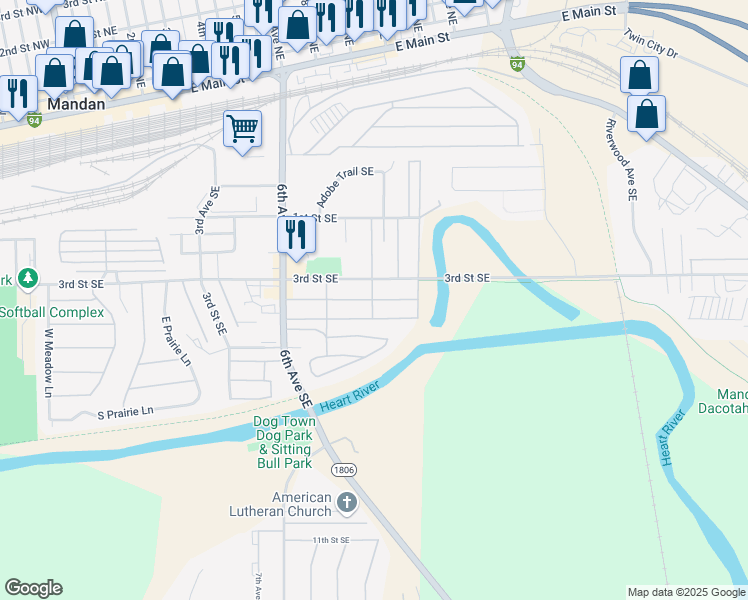map of restaurants, bars, coffee shops, grocery stores, and more near 902 Elm Street in Mandan