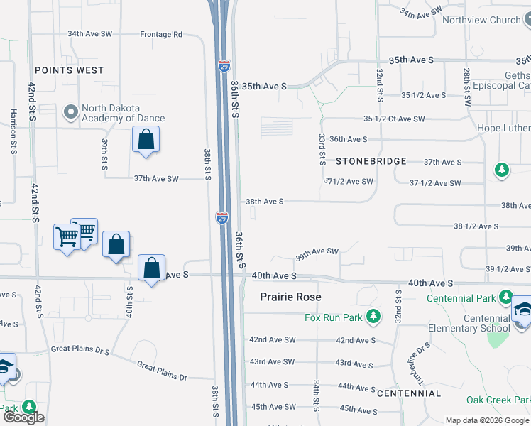 map of restaurants, bars, coffee shops, grocery stores, and more near 3500 38th Avenue South in Fargo
