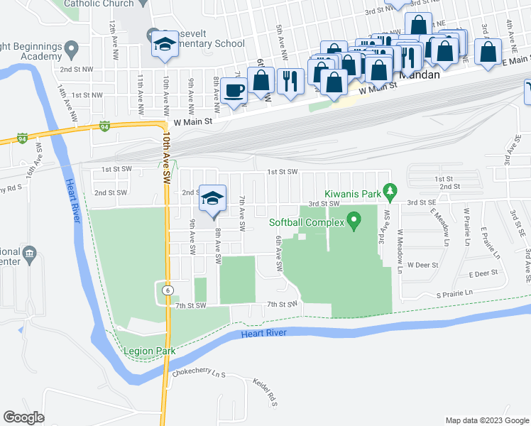 map of restaurants, bars, coffee shops, grocery stores, and more near 25 Railroad Avenue Southwest in Mandan