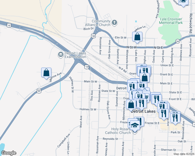 map of restaurants, bars, coffee shops, grocery stores, and more near 512 Rossman Avenue in Detroit Lakes