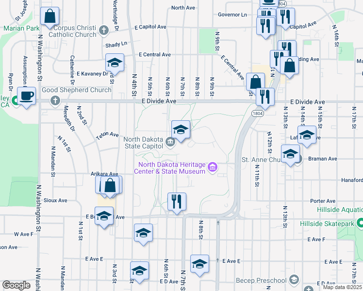 map of restaurants, bars, coffee shops, grocery stores, and more near 600 East Boulevard Avenue in Bismarck