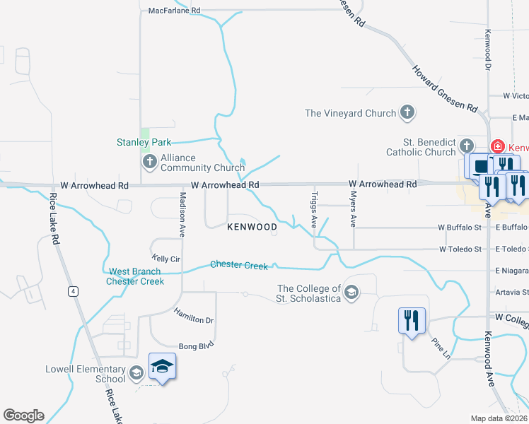 map of restaurants, bars, coffee shops, grocery stores, and more near 717 Creekside Circle in Duluth