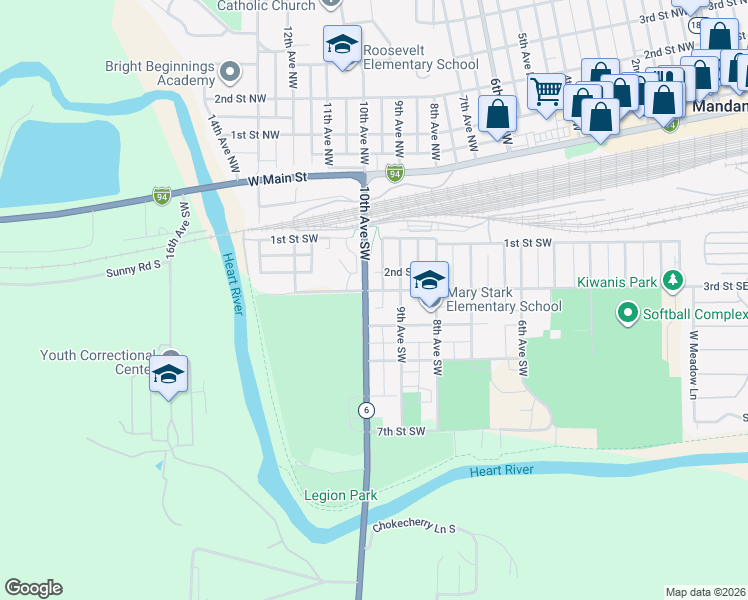 map of restaurants, bars, coffee shops, grocery stores, and more near 402 10th Avenue Southwest in Mandan