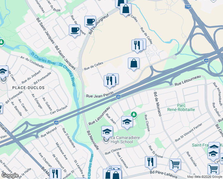 map of restaurants, bars, coffee shops, grocery stores, and more near 2700 Rue Jean-Perrin in Québec City
