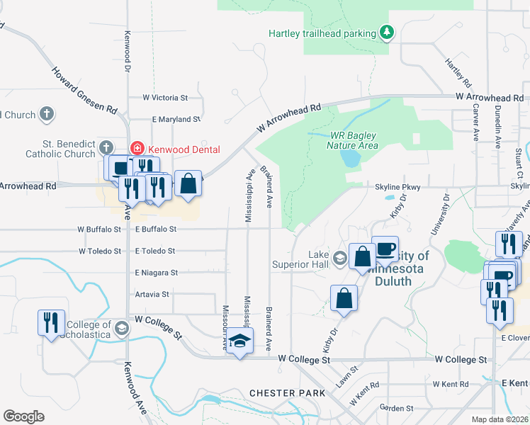 map of restaurants, bars, coffee shops, grocery stores, and more near 1315 Brainerd Avenue in Duluth