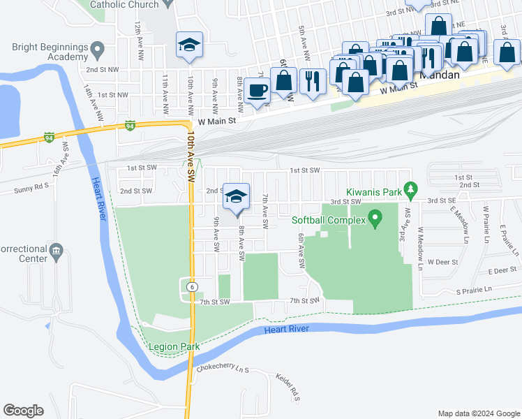 map of restaurants, bars, coffee shops, grocery stores, and more near 403 7th Avenue Southwest in Mandan