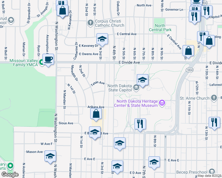 map of restaurants, bars, coffee shops, grocery stores, and more near 1221 North 3rd Street in Bismarck
