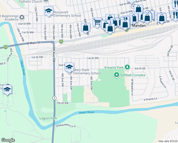 map of restaurants, bars, coffee shops, grocery stores, and more near 25 Railroad Avenue Southwest in Mandan