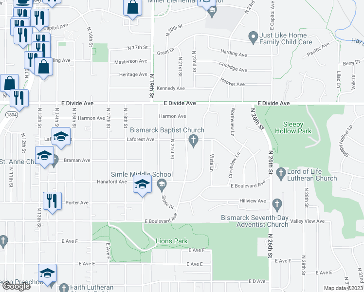 map of restaurants, bars, coffee shops, grocery stores, and more near 1422 North 22nd Street in Bismarck