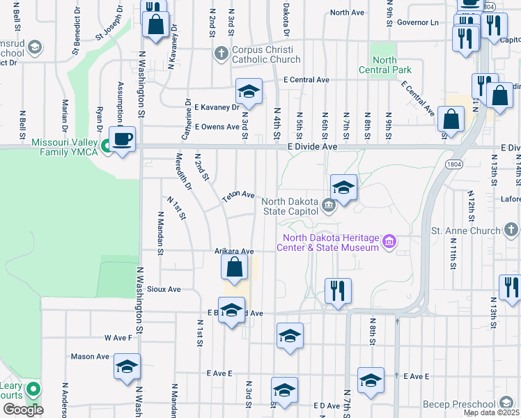 map of restaurants, bars, coffee shops, grocery stores, and more near 1221 North 3rd Street in Bismarck
