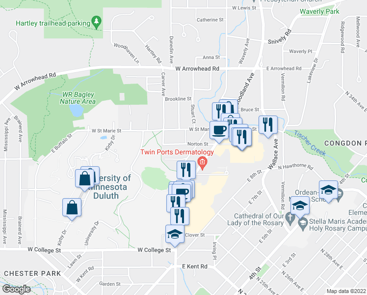 map of restaurants, bars, coffee shops, grocery stores, and more near 204 Norton Street in Duluth