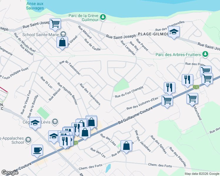 map of restaurants, bars, coffee shops, grocery stores, and more near 172 Rue des Gaspésiennes in Lévis