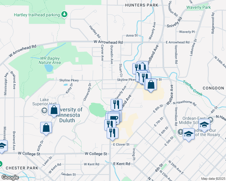 map of restaurants, bars, coffee shops, grocery stores, and more near 208 Norton Street in Duluth