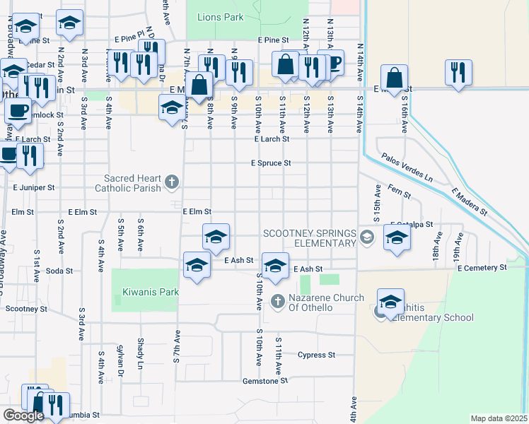 map of restaurants, bars, coffee shops, grocery stores, and more near 1020 East Elm Street in Othello