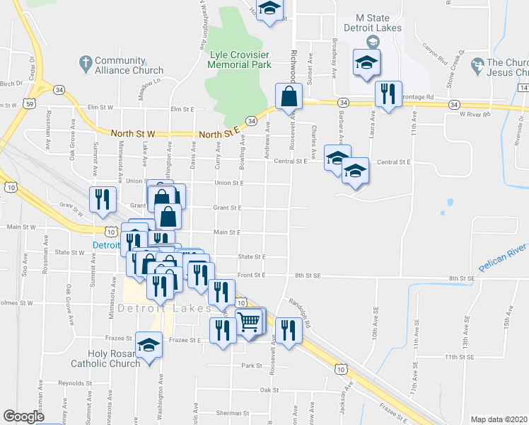 map of restaurants, bars, coffee shops, grocery stores, and more near 515 Andrews Avenue in Detroit Lakes