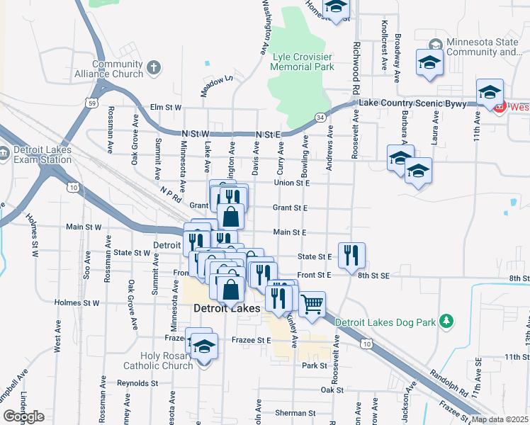 map of restaurants, bars, coffee shops, grocery stores, and more near 512 Curry Avenue in Detroit Lakes