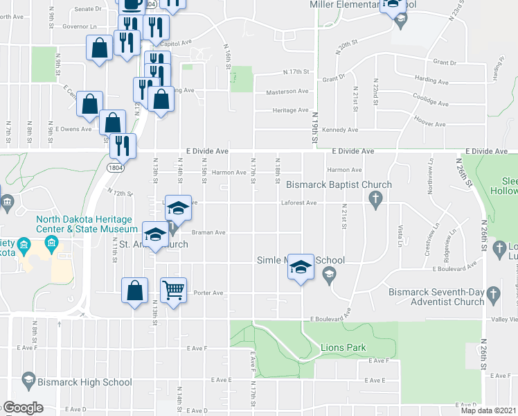 map of restaurants, bars, coffee shops, grocery stores, and more near 1429 North 17th Street in Bismarck