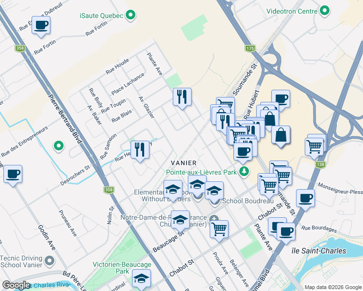 map of restaurants, bars, coffee shops, grocery stores, and more near 435 Avenue Claude Martin in Québec