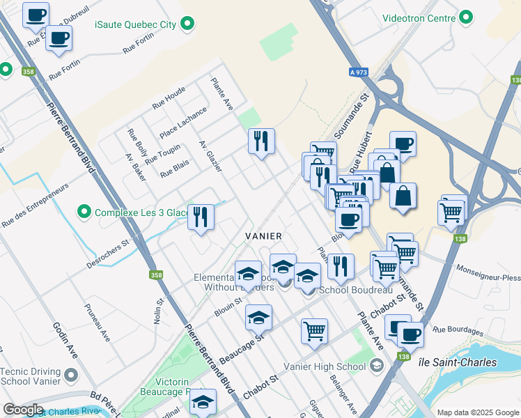 map of restaurants, bars, coffee shops, grocery stores, and more near 435 Avenue Claude Martin in Québec
