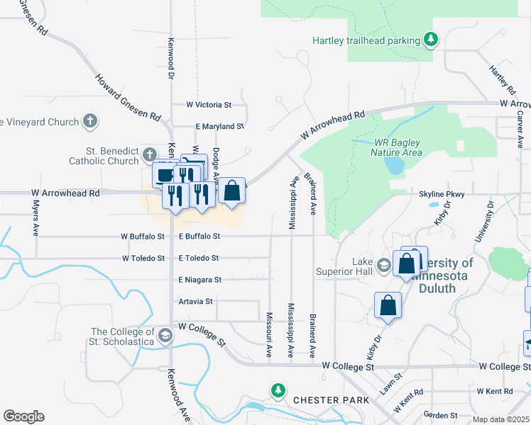 map of restaurants, bars, coffee shops, grocery stores, and more near 1325 Missouri Avenue in Duluth