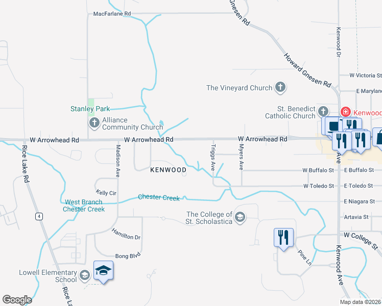 map of restaurants, bars, coffee shops, grocery stores, and more near 717 Creekside Circle in Duluth