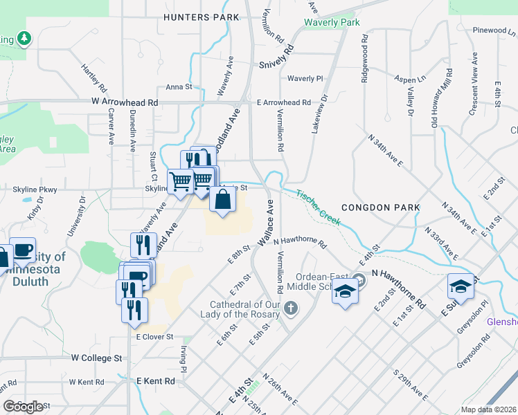 map of restaurants, bars, coffee shops, grocery stores, and more near 70 East Saint Marie Street in Duluth