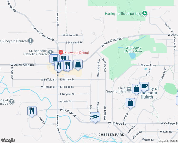 map of restaurants, bars, coffee shops, grocery stores, and more near 141 East Buffalo Street in Duluth