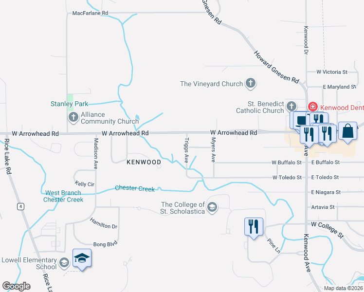 map of restaurants, bars, coffee shops, grocery stores, and more near 2701 Triggs Avenue in Duluth