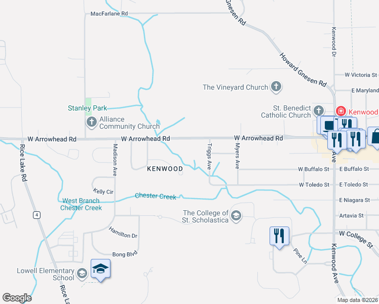 map of restaurants, bars, coffee shops, grocery stores, and more near 2701 Triggs Avenue in Duluth