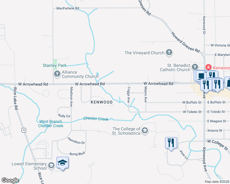 map of restaurants, bars, coffee shops, grocery stores, and more near 717 Creekside Circle in Duluth