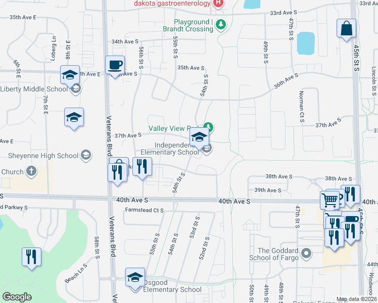 map of restaurants, bars, coffee shops, grocery stores, and more near 5406 Justice Drive South in Fargo