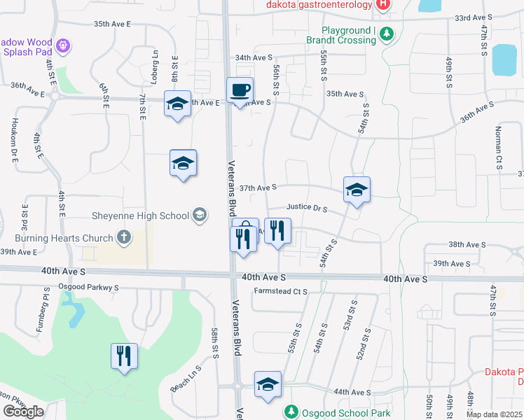 map of restaurants, bars, coffee shops, grocery stores, and more near 3749 56th Street South in Fargo