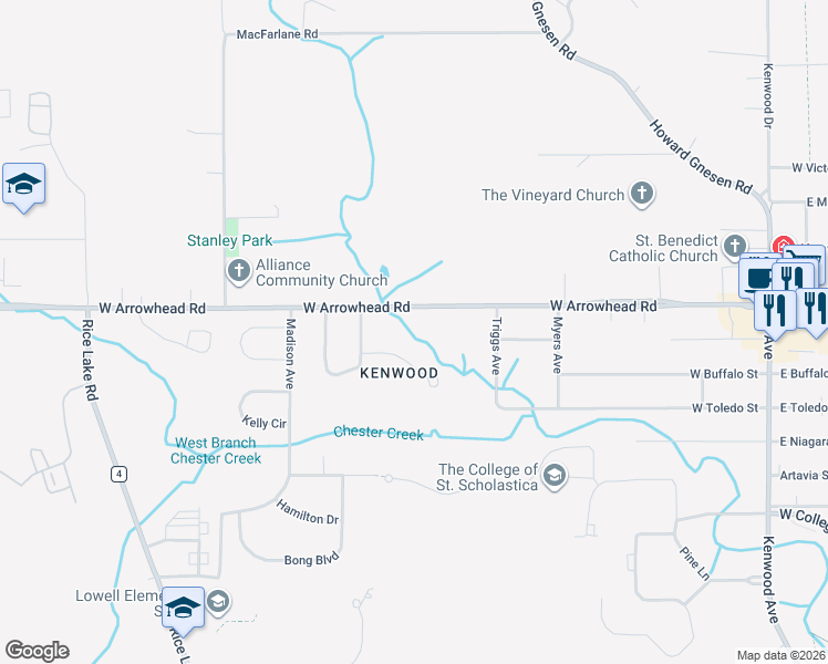 map of restaurants, bars, coffee shops, grocery stores, and more near 717 Creekside Circle in Duluth