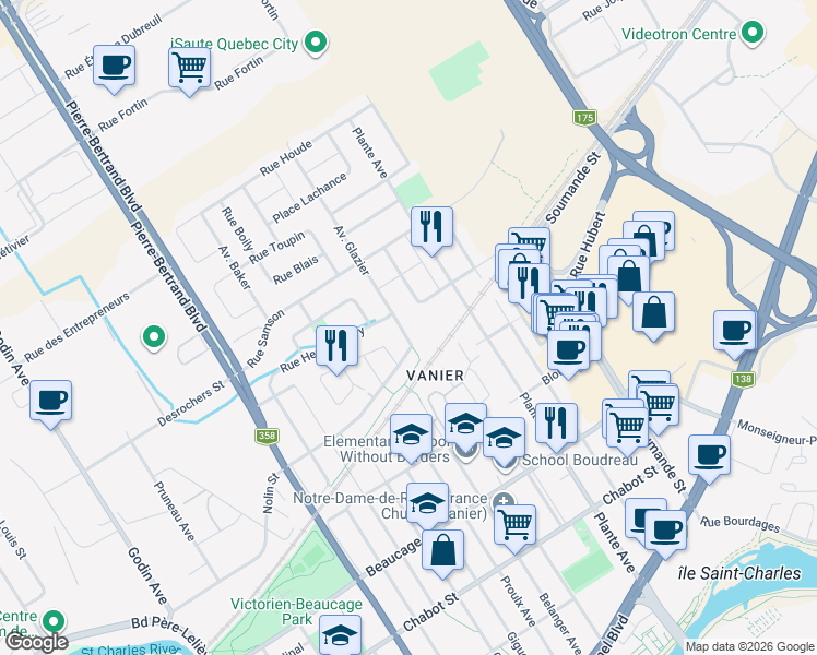 map of restaurants, bars, coffee shops, grocery stores, and more near 470 Glazier Avenue in Quebec City
