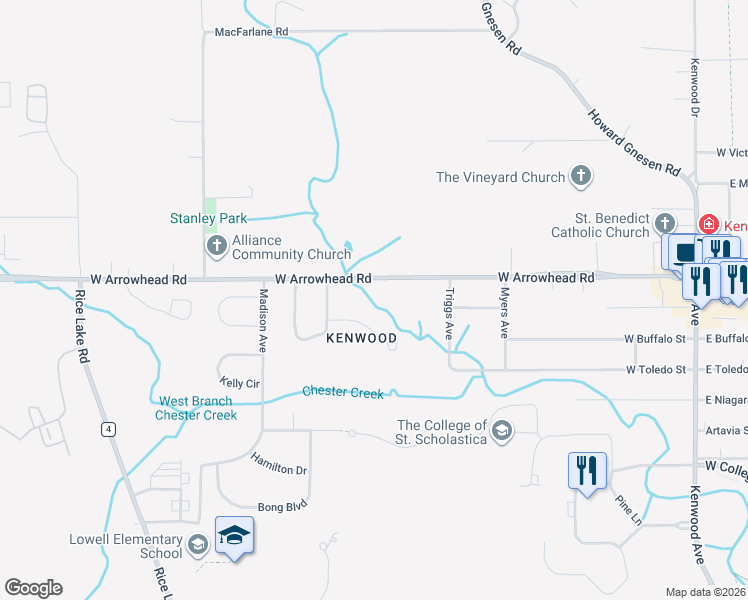 map of restaurants, bars, coffee shops, grocery stores, and more near 717 Creekside Circle in Duluth