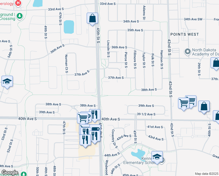 map of restaurants, bars, coffee shops, grocery stores, and more near 4440 37th Avenue South in Fargo