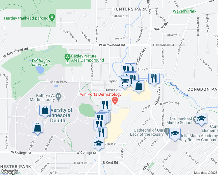 map of restaurants, bars, coffee shops, grocery stores, and more near 107 Norton Street in Duluth