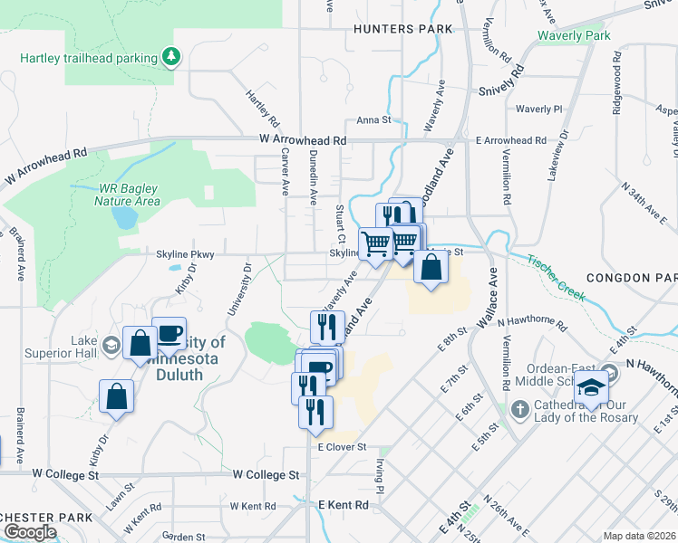 map of restaurants, bars, coffee shops, grocery stores, and more near 204 Norton Street in Duluth