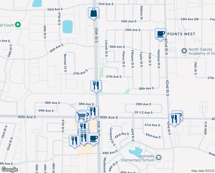 map of restaurants, bars, coffee shops, grocery stores, and more near 4440 37th Avenue South in Fargo