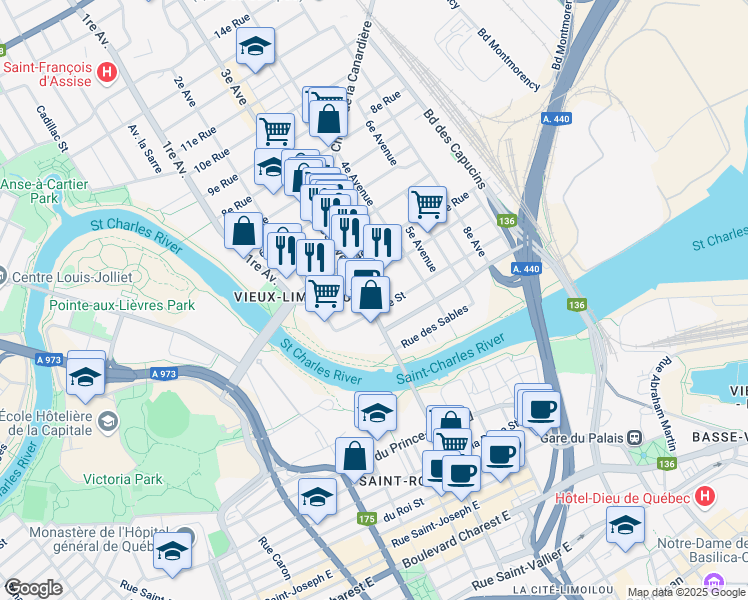 map of restaurants, bars, coffee shops, grocery stores, and more near 100 3e Avenue in Quebec City