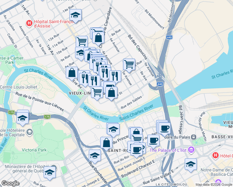 map of restaurants, bars, coffee shops, grocery stores, and more near 2 2e Rue in Québec