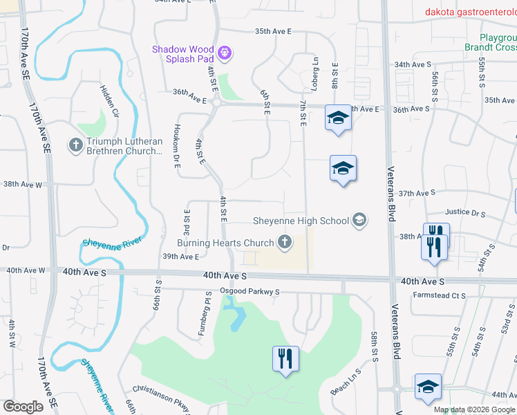 map of restaurants, bars, coffee shops, grocery stores, and more near 342 38th Avenue East in West Fargo