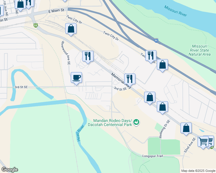 map of restaurants, bars, coffee shops, grocery stores, and more near 20 4th Street Southeast in Mandan