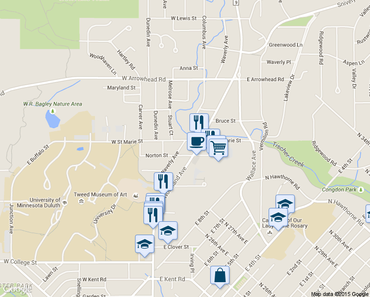 map of restaurants, bars, coffee shops, grocery stores, and more near 66-98 Norton St in Duluth