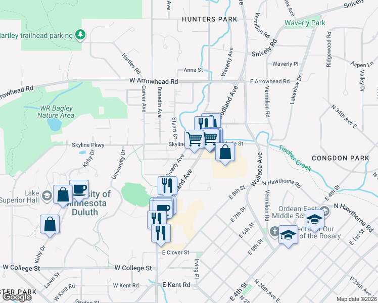 map of restaurants, bars, coffee shops, grocery stores, and more near 1515 Woodland Avenue in Duluth