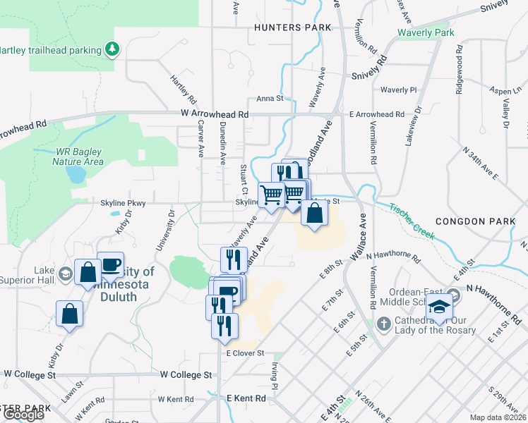 map of restaurants, bars, coffee shops, grocery stores, and more near 1515 Woodland Avenue in Duluth