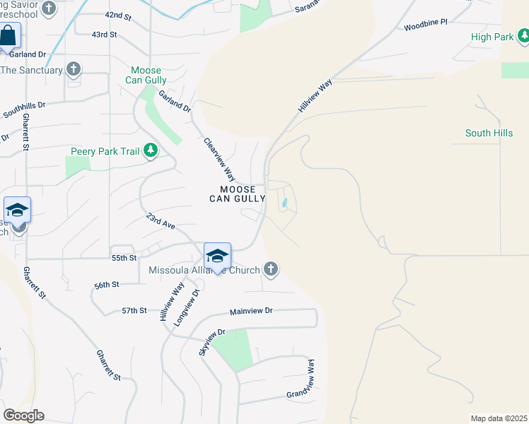 map of restaurants, bars, coffee shops, grocery stores, and more near 5102 Village View Way in Missoula