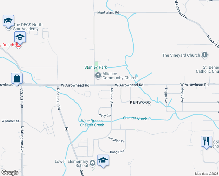 map of restaurants, bars, coffee shops, grocery stores, and more near 2507 West Arrowhead Road in Duluth