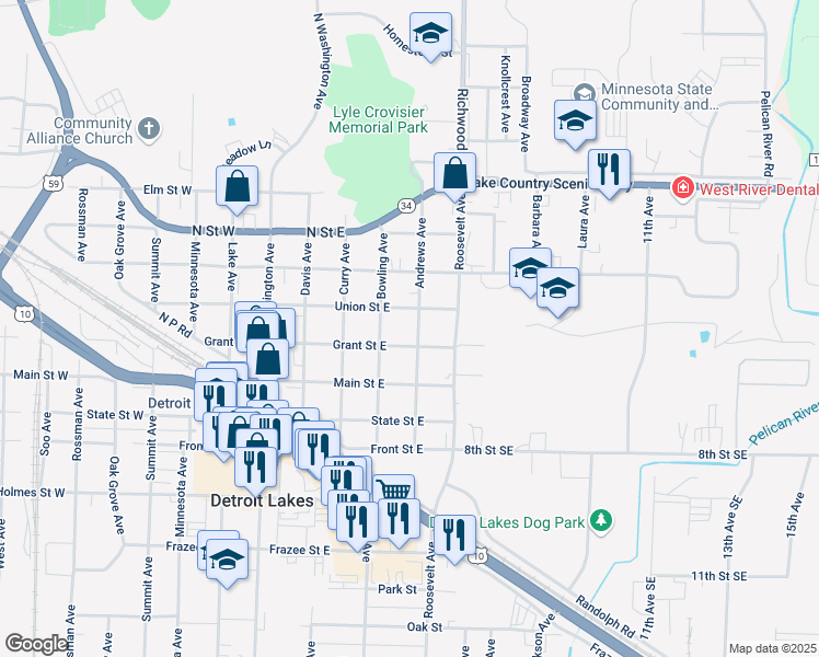 map of restaurants, bars, coffee shops, grocery stores, and more near 416 Andrews Avenue in Detroit Lakes